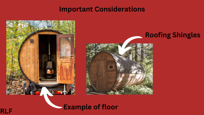 Visual representation of the barrel sauna flooring and roofing shingles.