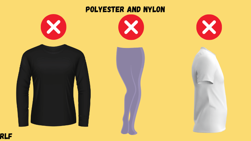 Polyester and Nylon, not recommended in the sauna